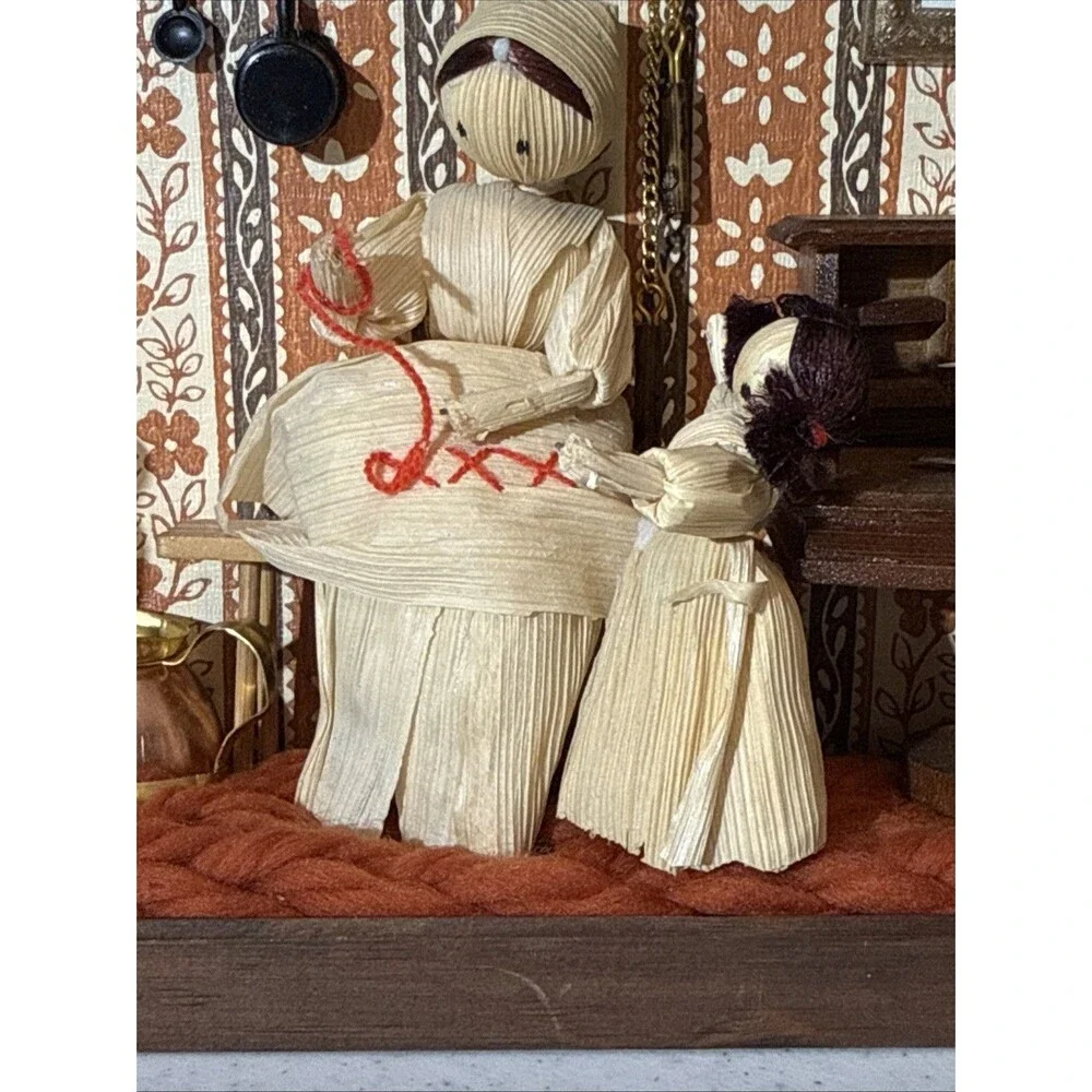 Vintage Corn Husk Doll Shadow Box Diorama Folk Art 1970s Cottage Core Farmhouse